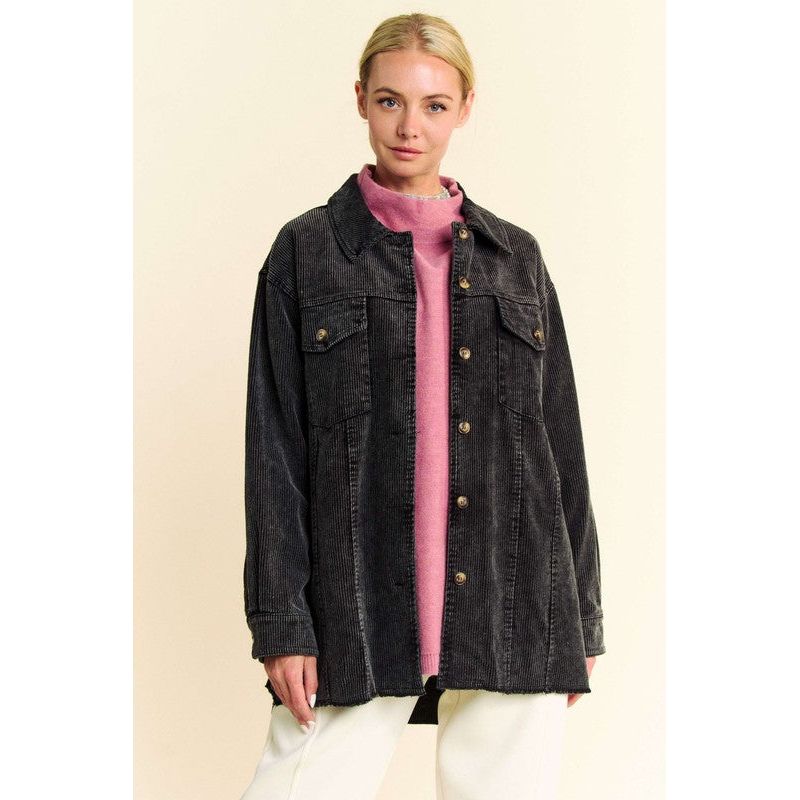 Acid-Washed Corduroy Raw Hem Button Up Jacket