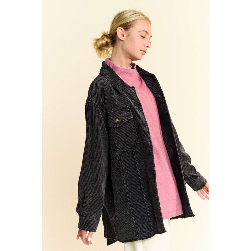 Acid-Washed Corduroy Raw Hem Button Up Jacket