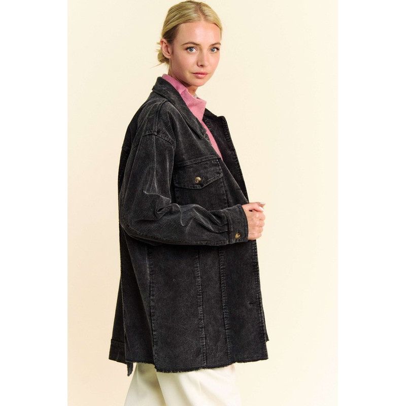 Acid-Washed Corduroy Raw Hem Button Up Jacket