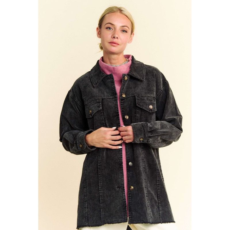 Acid-Washed Corduroy Raw Hem Button Up Jacket