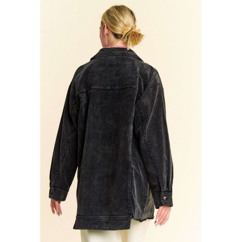 Acid-Washed Corduroy Raw Hem Button Up Jacket