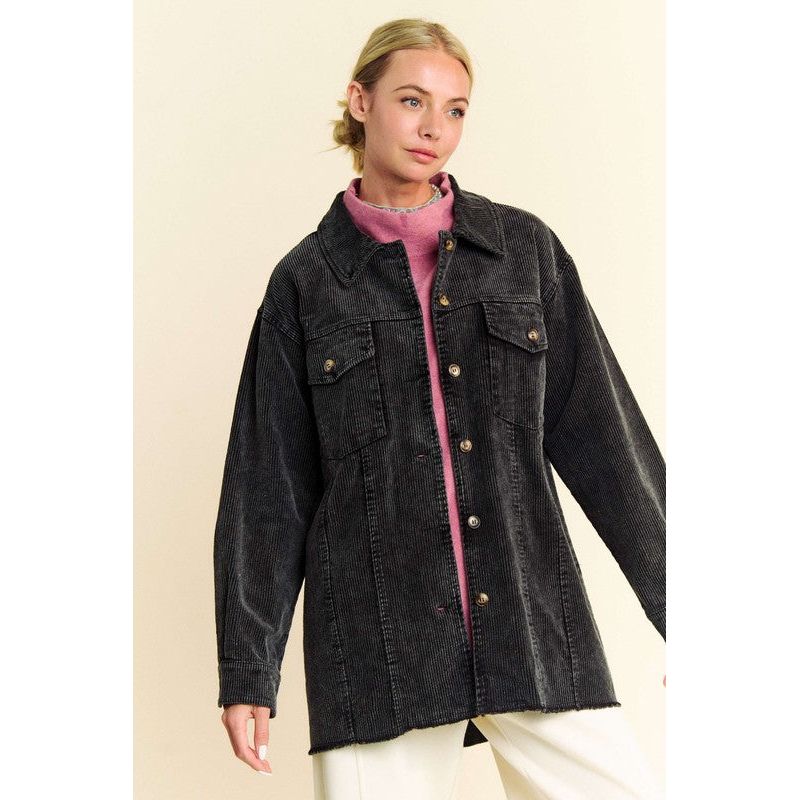 Acid-Washed Corduroy Raw Hem Button Up Jacket