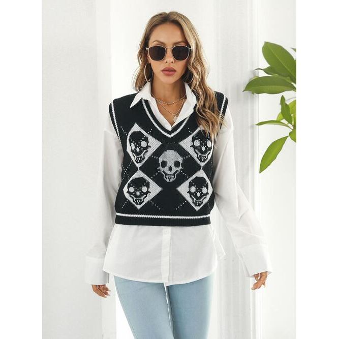 Skull Contrast V-Neck Sweater Vest