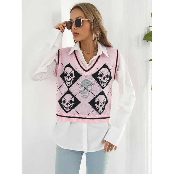 Skull Contrast V-Neck Sweater Vest