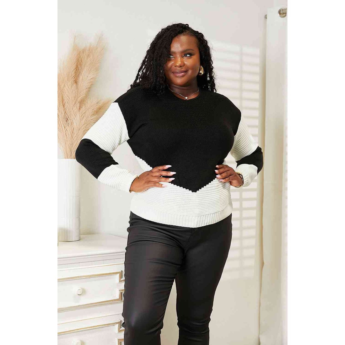 Woven Right Two-Tone Openwork Rib-Knit Sweater