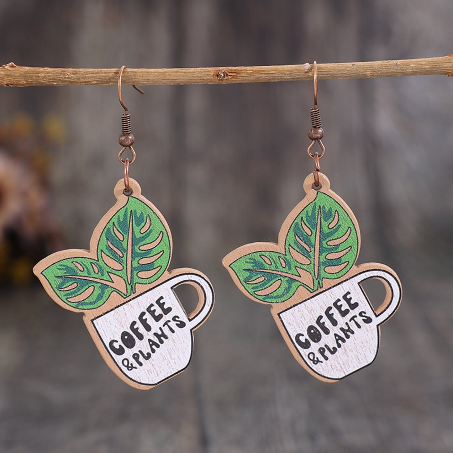 Coffee and Plants Wooden Earrings