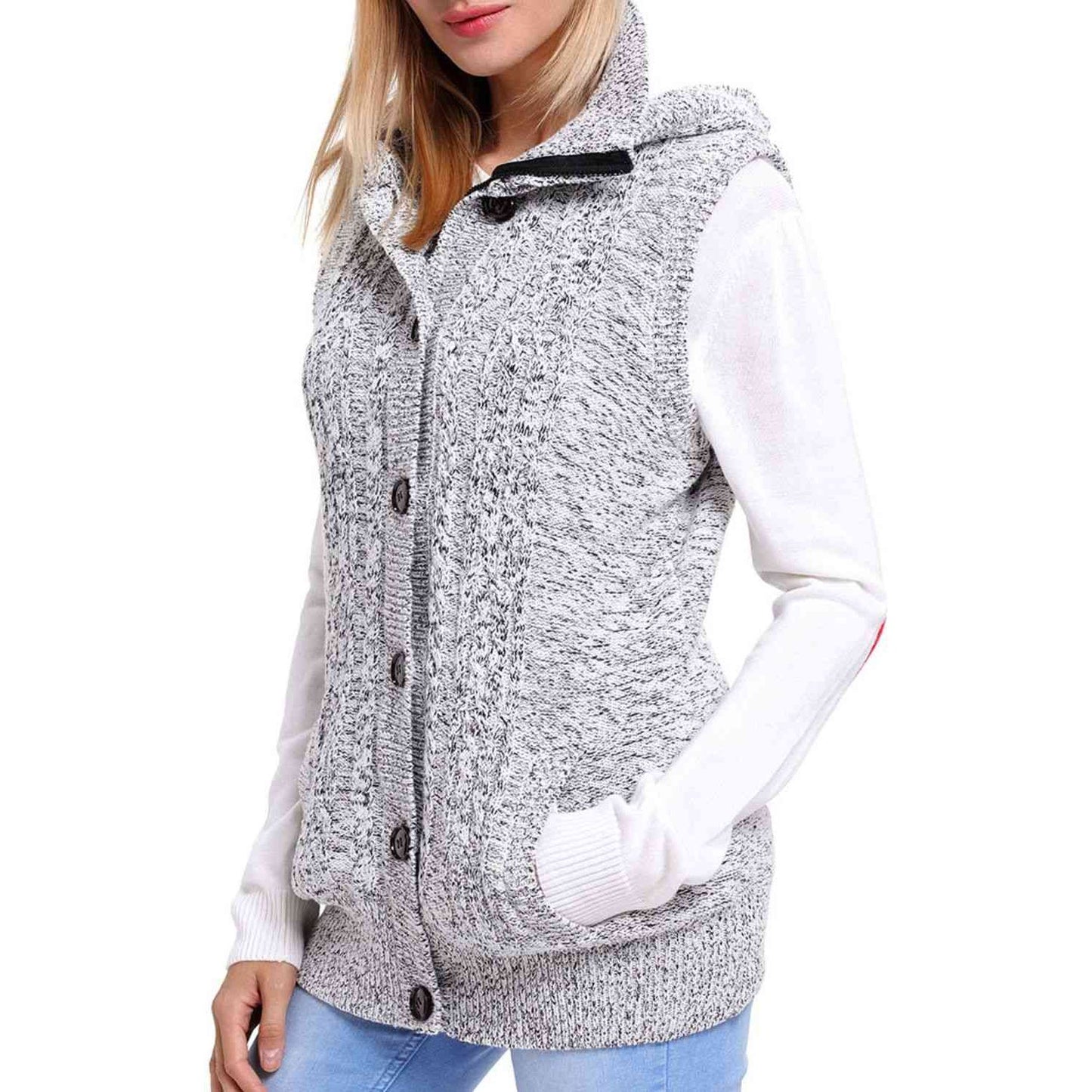 Button and Zip Closure Hooded Sweater Vest