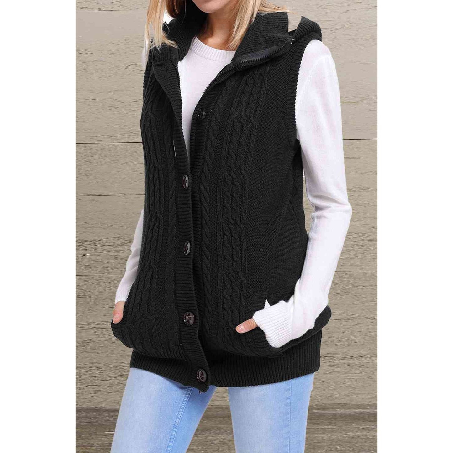 Button and Zip Closure Hooded Sweater Vest