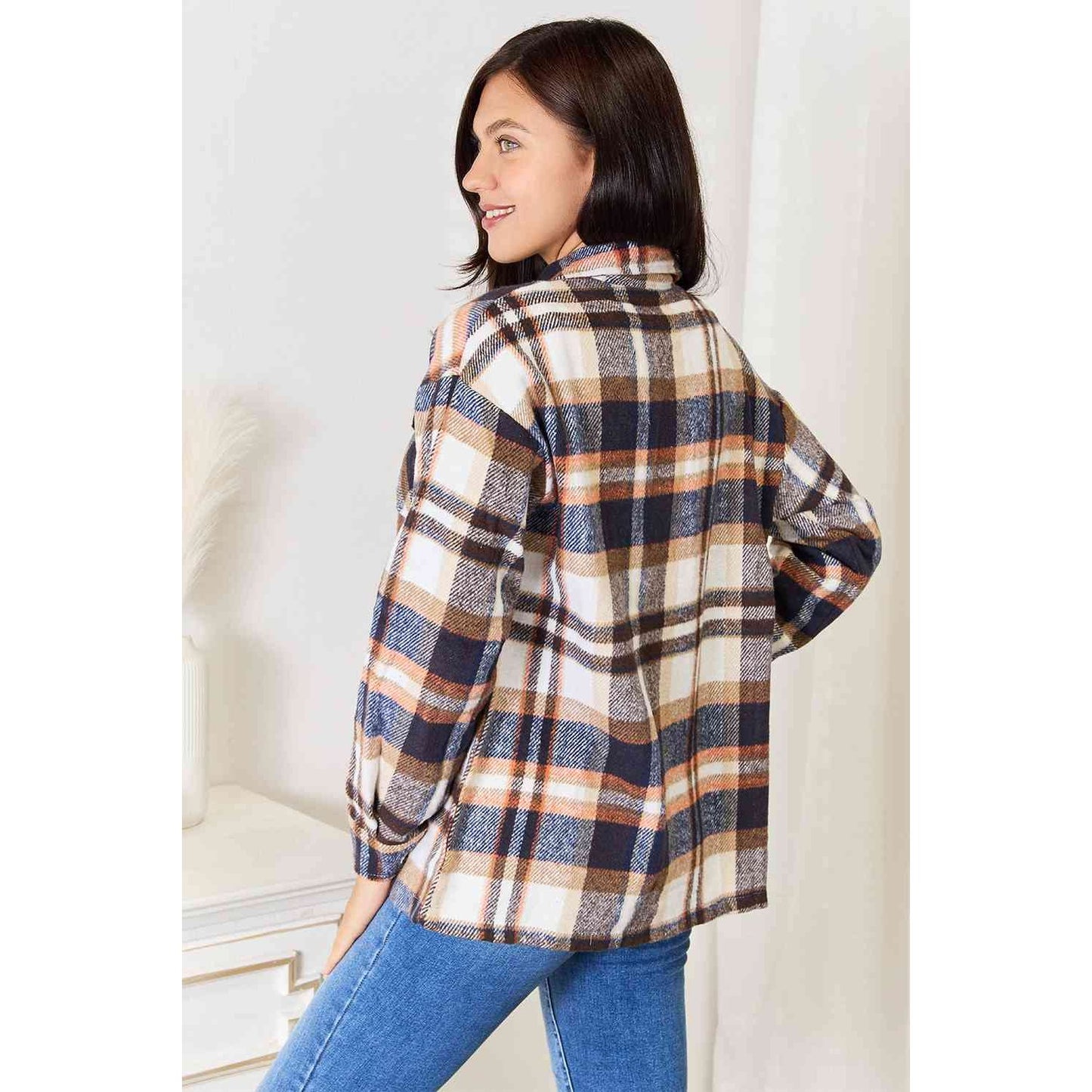 Double Take Plaid Button Front Shirt Jacket with Breast Pockets