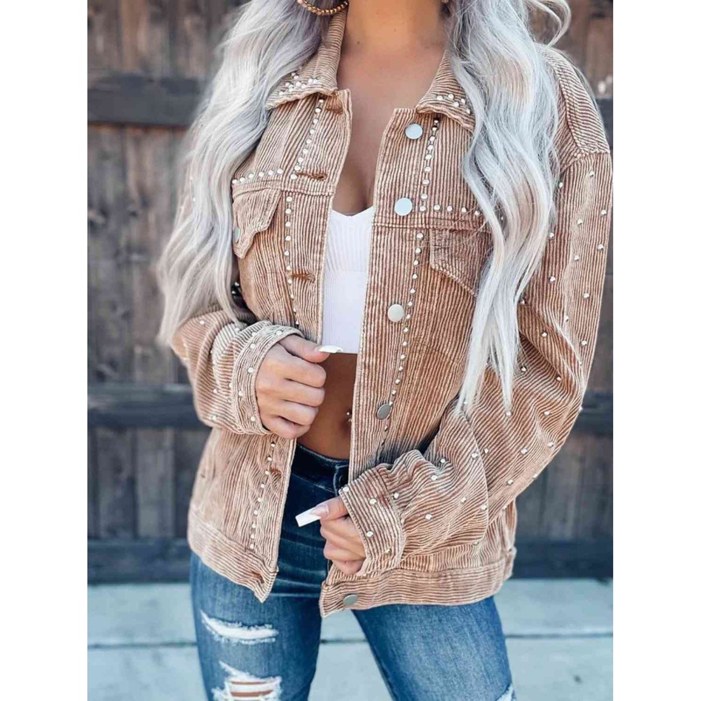 Studded Collared Neck Button Down Jacket