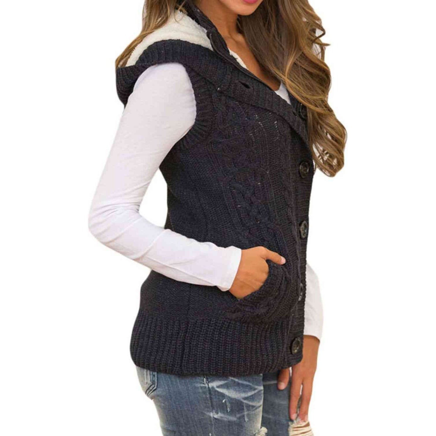 Button and Zip Closure Hooded Sweater Vest