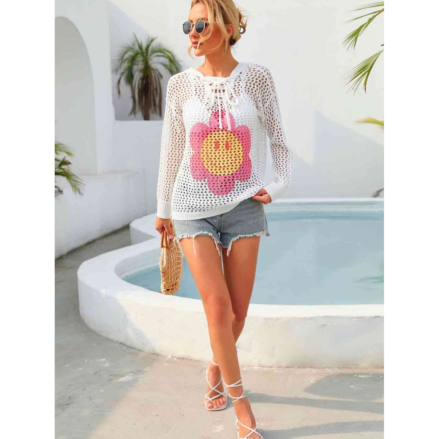 Flower Power Lace-Up Hooded Cover Up