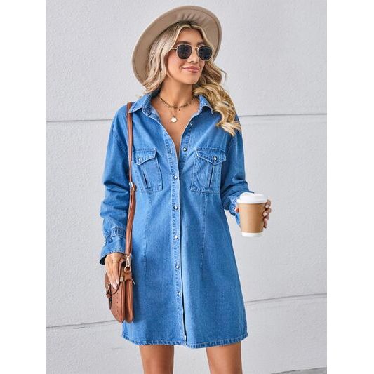 Pocketed Dropped Shoulder Mini Denim Dress