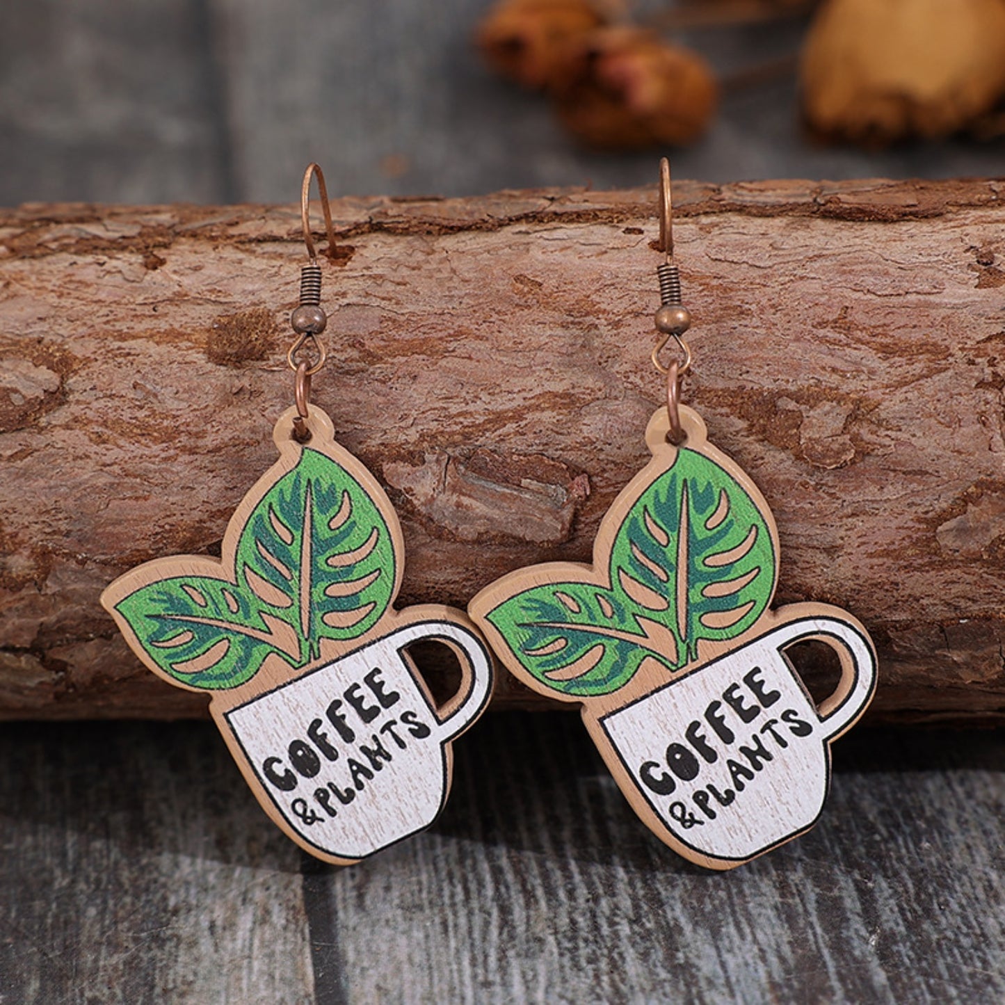 Coffee and Plants Wooden Earrings