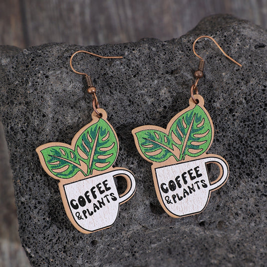 Coffee and Plants Wooden Earrings