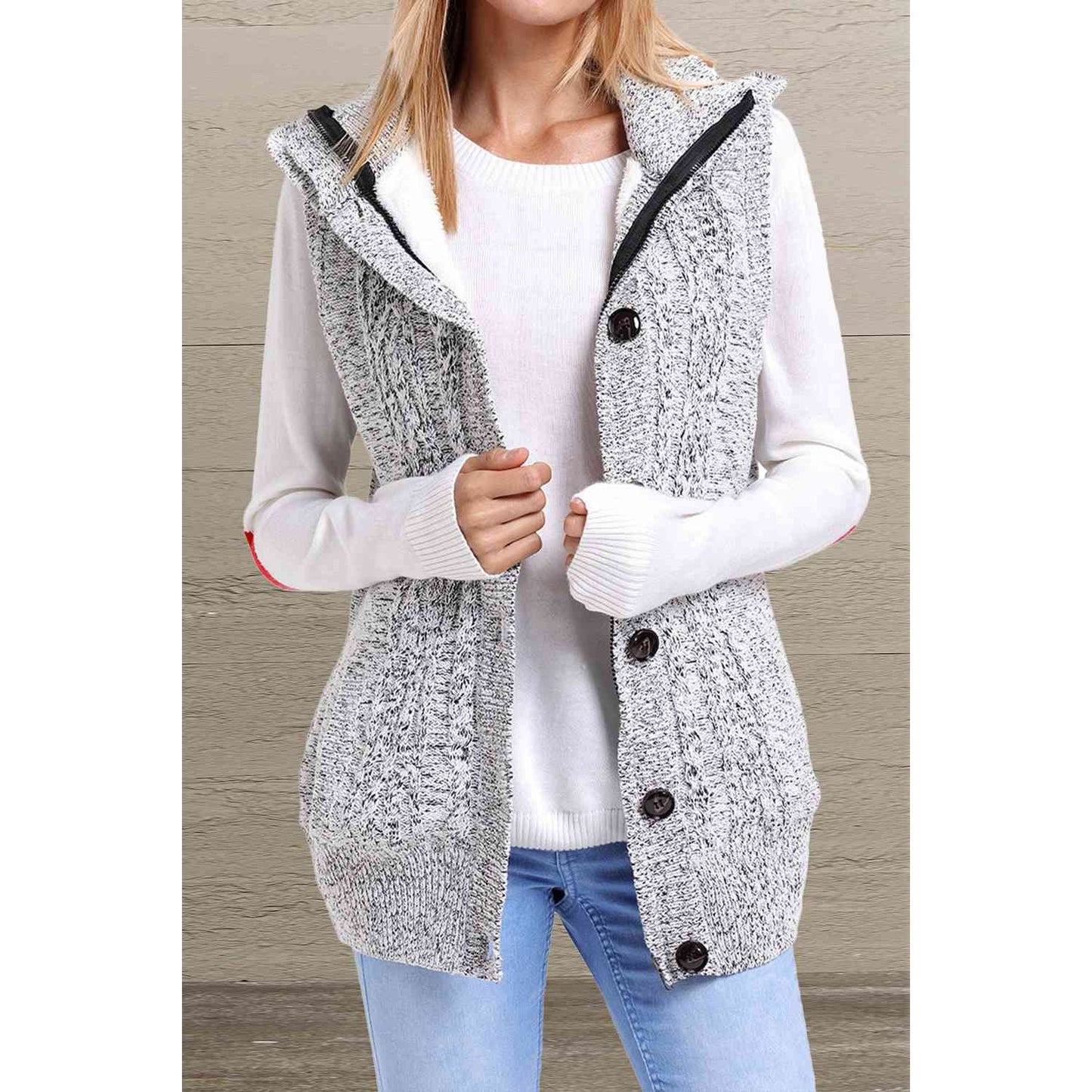 Button and Zip Closure Hooded Sweater Vest