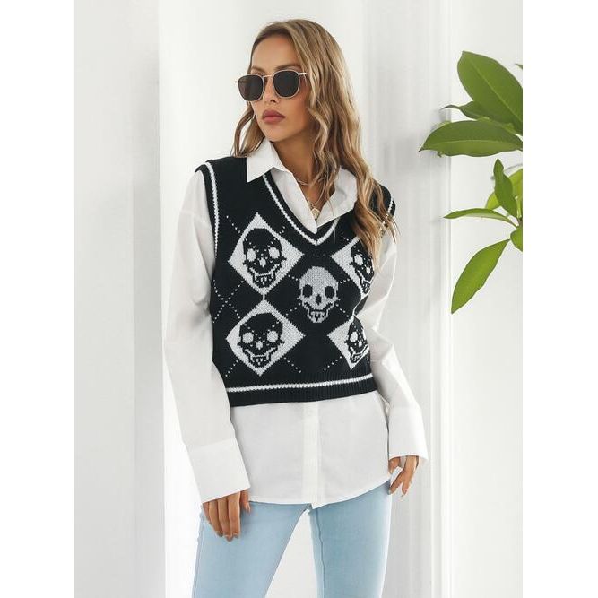 Skull Contrast V-Neck Sweater Vest