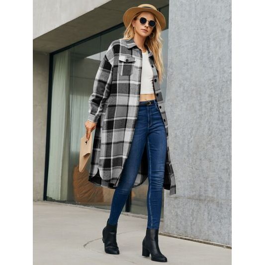 Plaid Pocketed Button Up Trench Coat