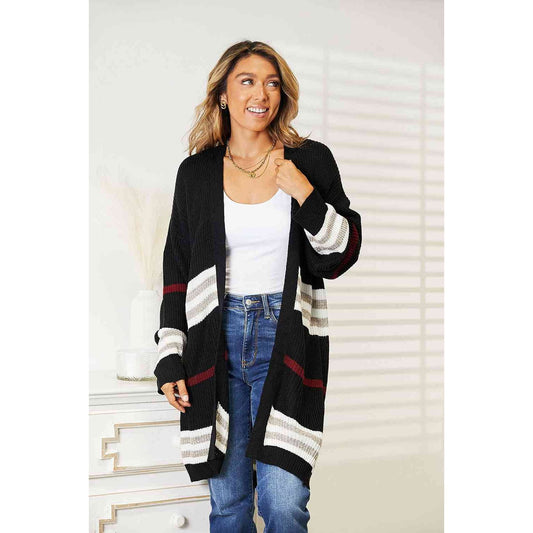 Double Take Striped Rib-Knit Drop Shoulder Open Front Cardigan